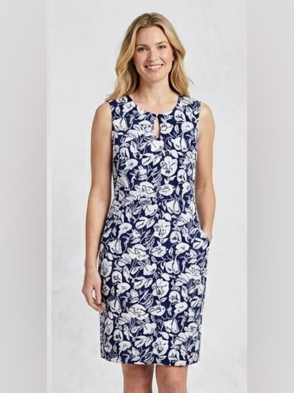Lands' End Navy and White Floral Sheath Dress